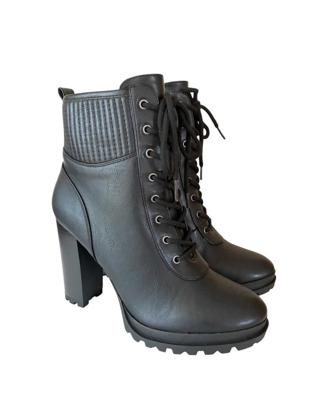 Seven Dials HUGO Black Lace-Up Ankle Boots Stacked Block Heel Lug Sole